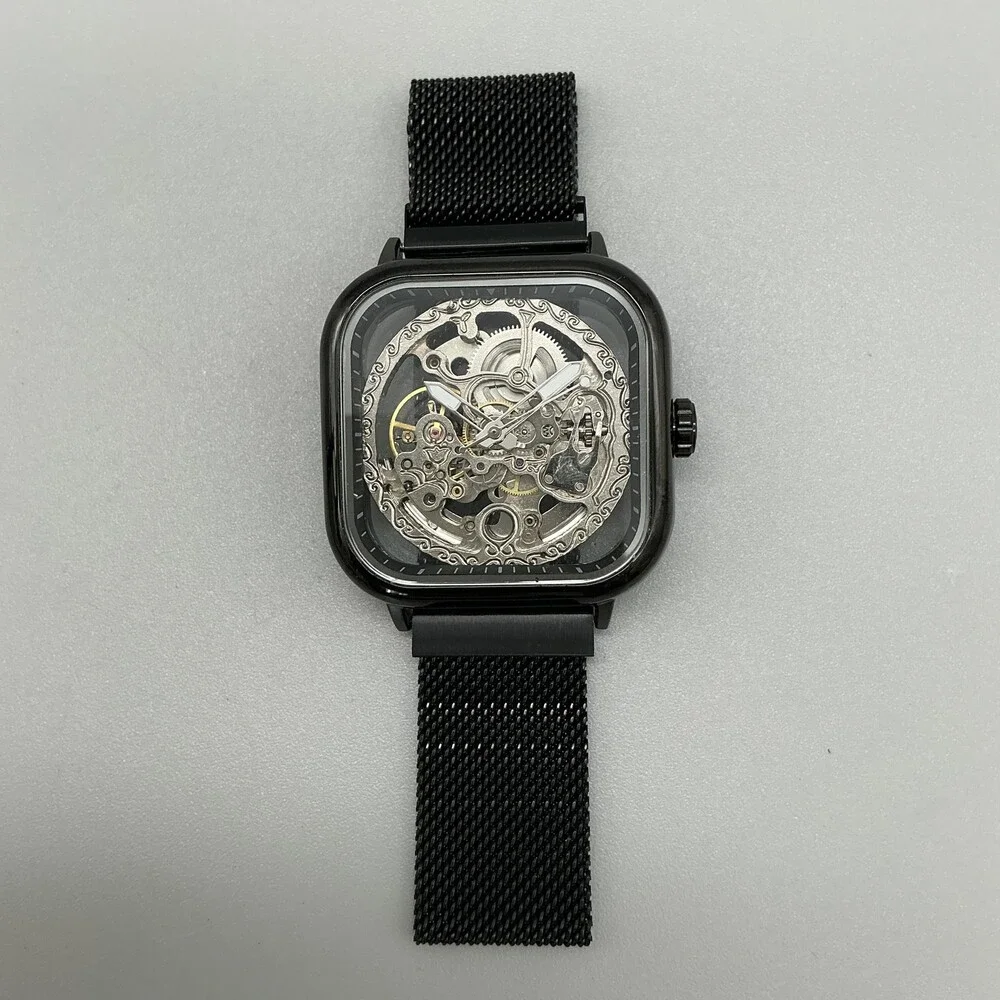 Mens Watch 41mm Square Skeleton Dial Black Mesh Automatic Stainless Steel